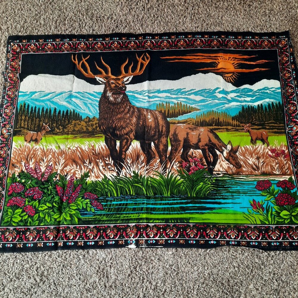 Vtg Velvet Wall Hanging Tapestry Rug Deer Elk 53x39 By Alden.T.C Made in Turkey